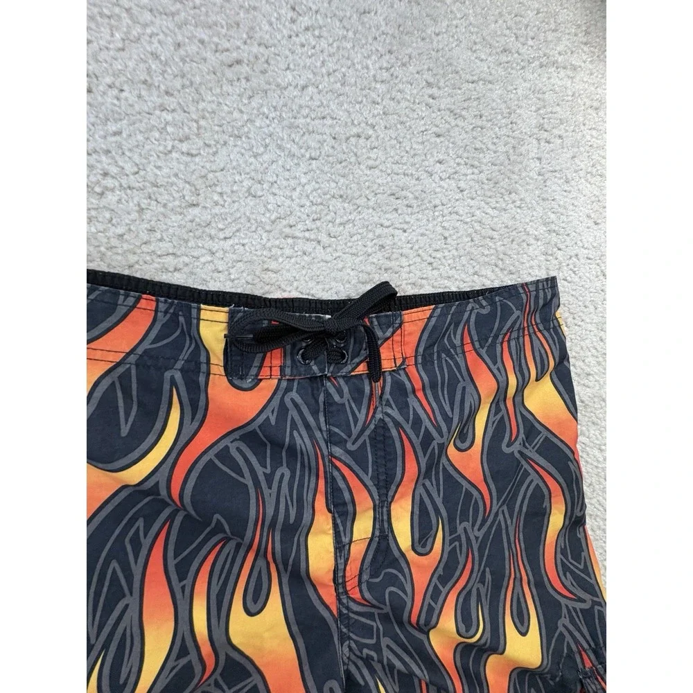 Hang Ten All Over Flame Print Board Shorts Swim Trunks Black Red Yellow Size XL